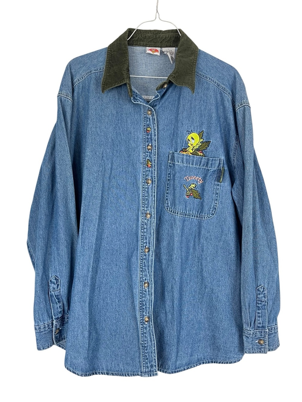 Vintage 2000 Looney Tunes Embroidered Tweety Bird Denim Shirt Size Large